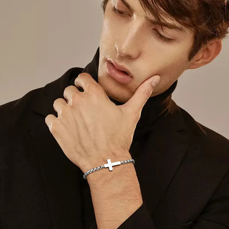 Pulsera de cadena de perlas con cruz de acero inoxidable